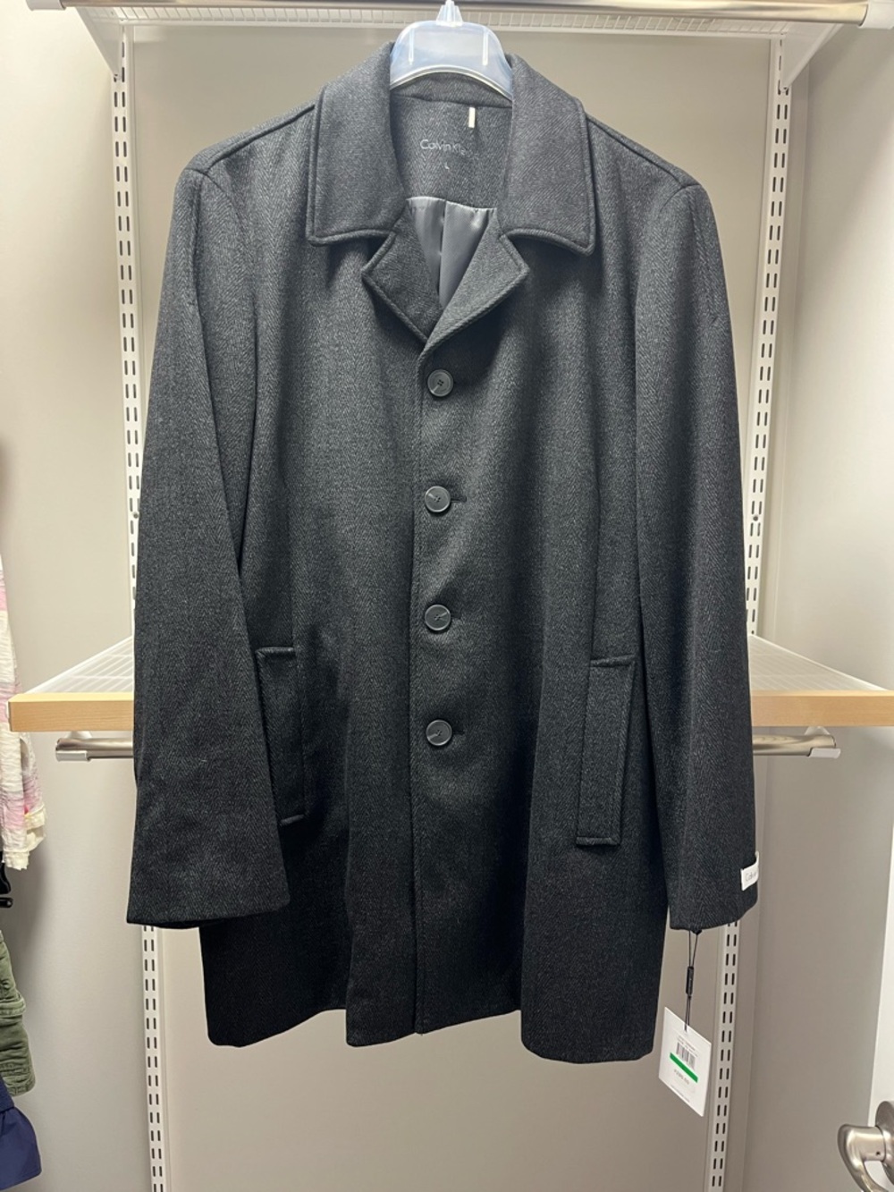 Calvin Klein Men’s Black and Dark Gray Wool-Blend Pea Coat